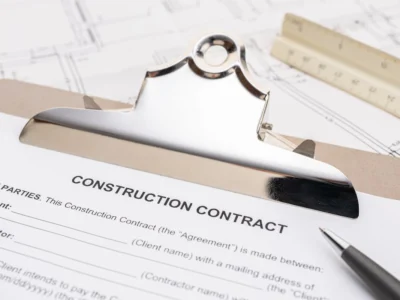 Contrato de construcción sobre una carpeta acompañado de planos, regla y bolígrafo