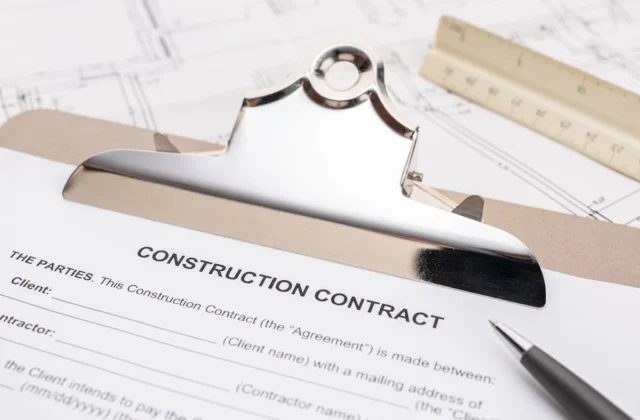 Contrato de construcción sobre una carpeta acompañado de planos, regla y bolígrafo