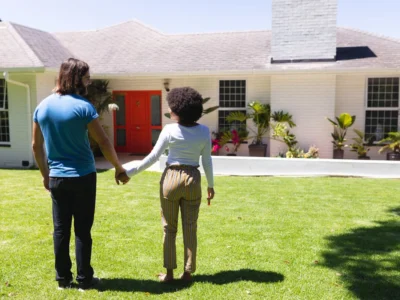 Pareja tomada de la mano frente a una casa unifamiliar con jardín en una zona residencial de Florida