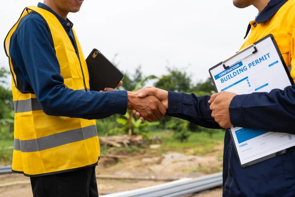 Dos trabajadores de construcción con chalecos reflectantes se dan la mano; uno sostiene un permiso de construcción