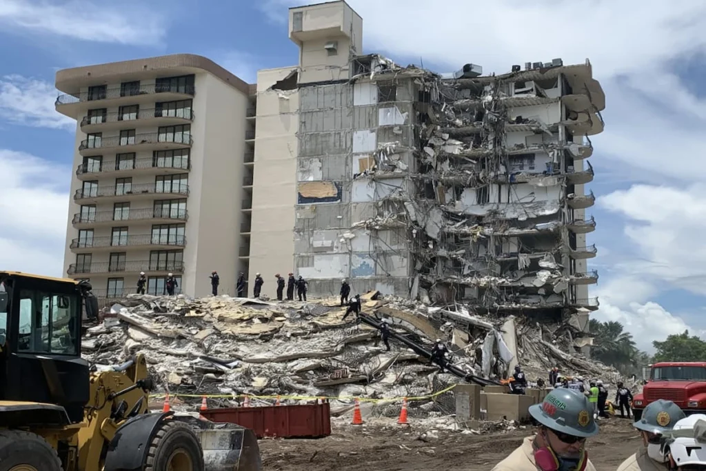 Edificio residencial parcialmente colapsado con equipos de rescate y maquinaria trabajando entre los escombros