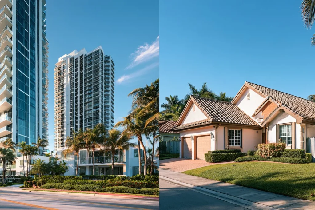 Comparación visual entre un condominio en edificio residencial y una casa unifamiliar en Florida