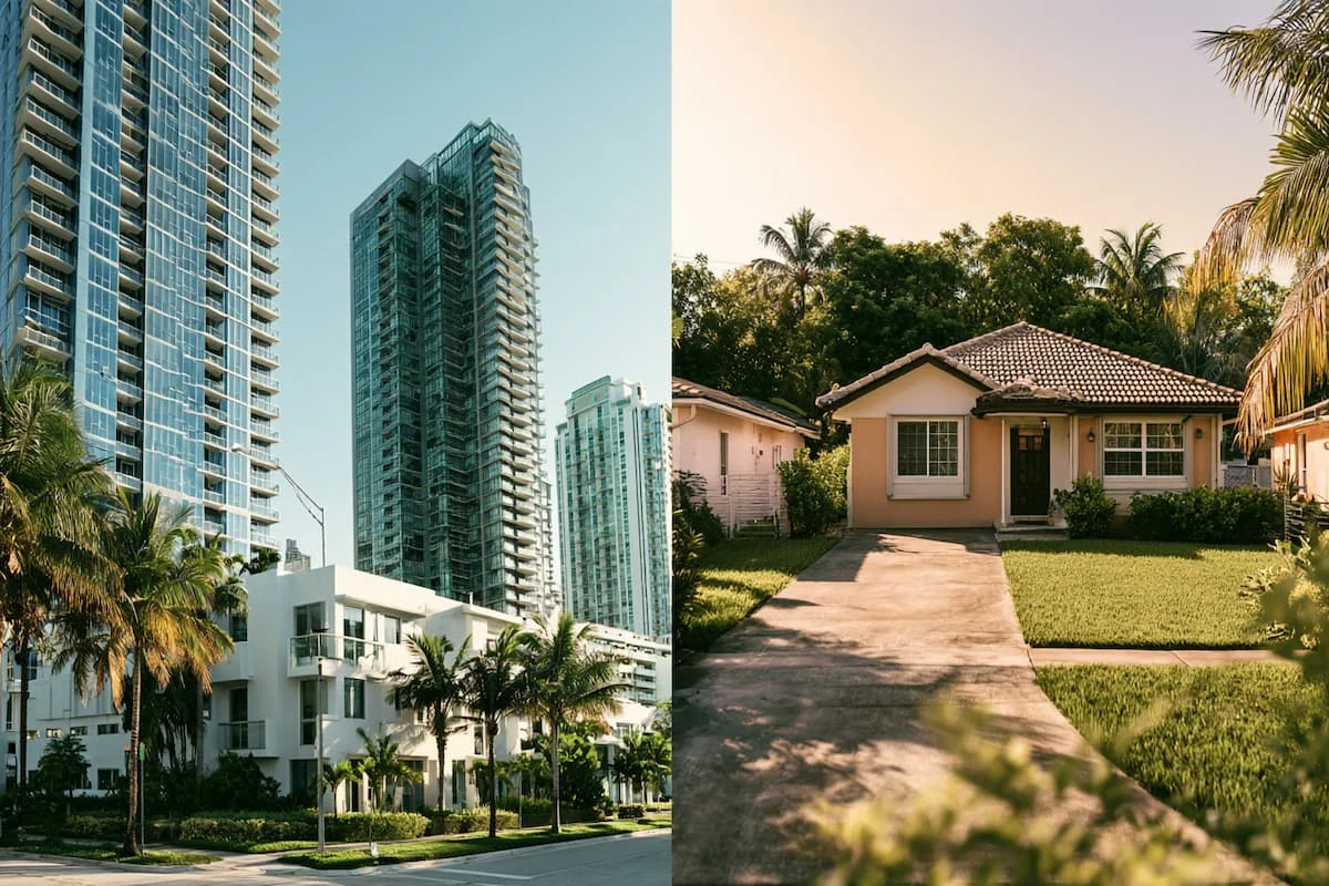 Condominio o casa unifamiliar en Miami, comparación, un entorno residencial de Miami, Florida
