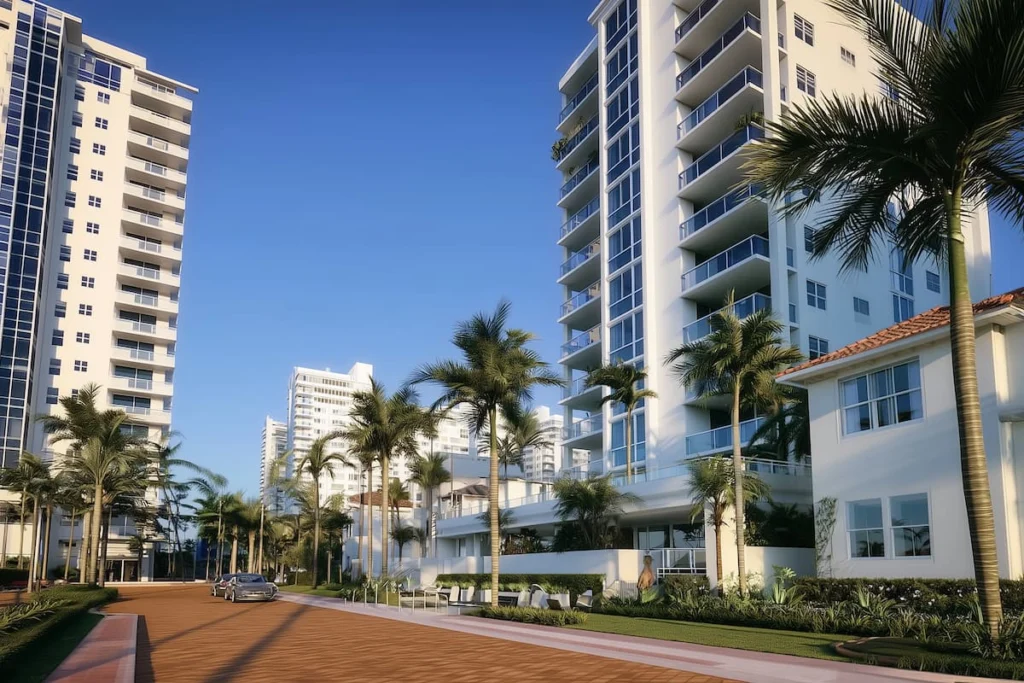 Conjunto de edificios residenciales altos con palmeras a los lados de una calle