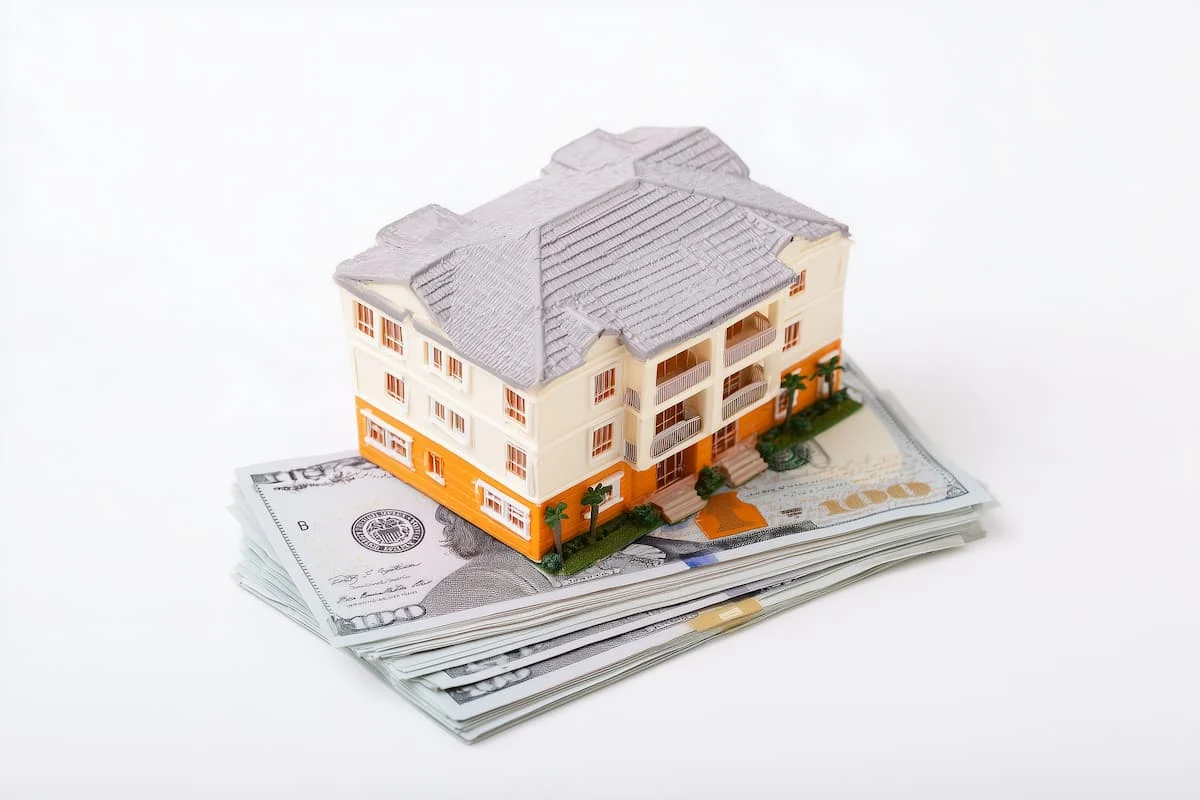 Maqueta de un edificio residencial colocada sobre un fajo de billetes de cien dólares