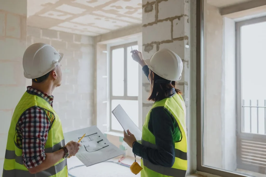 Dos profesionales con casco y chaleco reflectante revisan planos e inspeccionan el interior de una vivienda en proceso de construcción o remodelación.