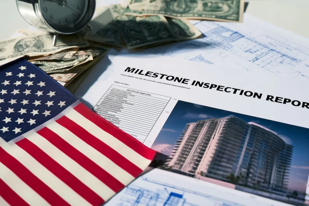 Informe de inspección por hitos de un condominio junto a planos arquitectónicos, una bandera de Estados Unidos, billetes y un reloj
