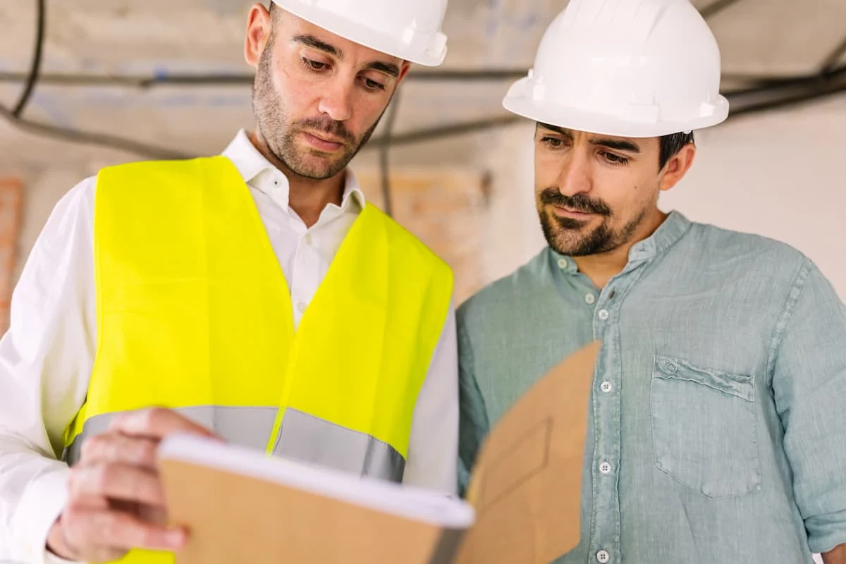 Inspector de obra revisando documentos junto a un propietario dentro de una vivienda en remodelación.