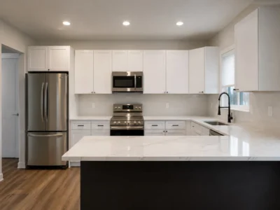 Cocina remodelada con gabinetes blancos, encimeras claras, electrodomésticos de acero inoxidable e isla central