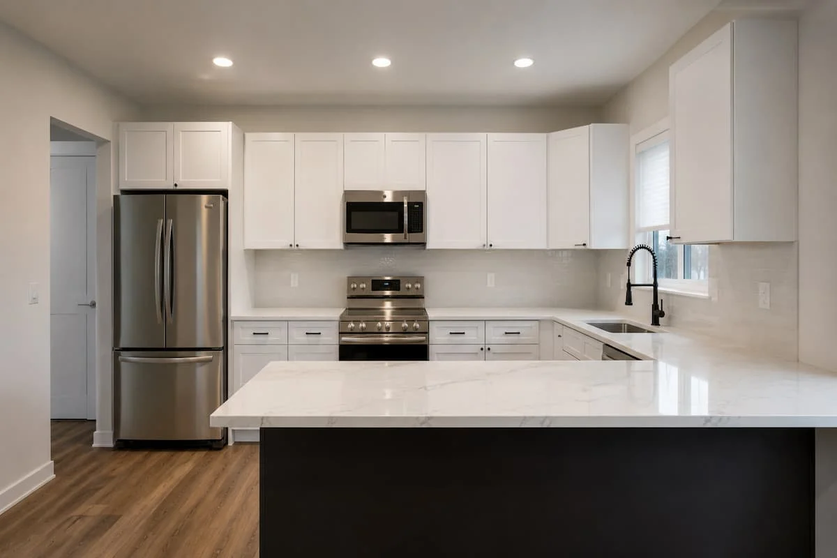 Cocina remodelada con gabinetes blancos, encimeras claras, electrodomésticos de acero inoxidable e isla central