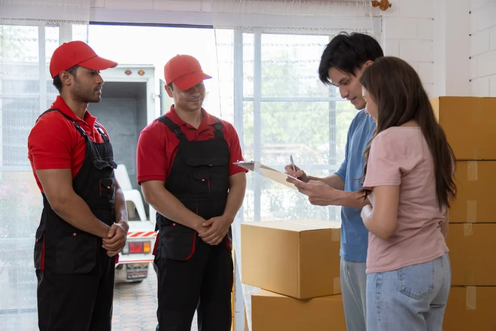 Un hombre firma un documento sobre una carpeta mientras una mujer lo acompaña y dos trabajadores de mudanzas esperan junto a varias cajas de cartón en el interior de una vivienda.