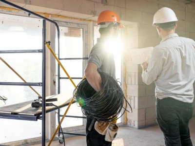 Dos hombres con cascos de seguridad revisan planos en el interior de una vivienda en remodelación. Uno sostiene un rollo de cable eléctrico mientras el otro examina los documentos.