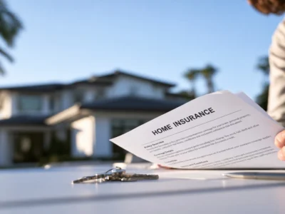 Formularios fiscales de Estados Unidos, incluidos documentos del IRS, junto a billetes de dólar sobre una mesaseguro de vivienda frente a una casa, con llaves sobre la mesa