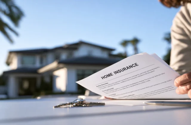 Formularios fiscales de Estados Unidos, incluidos documentos del IRS, junto a billetes de dólar sobre una mesaseguro de vivienda frente a una casa, con llaves sobre la mesa