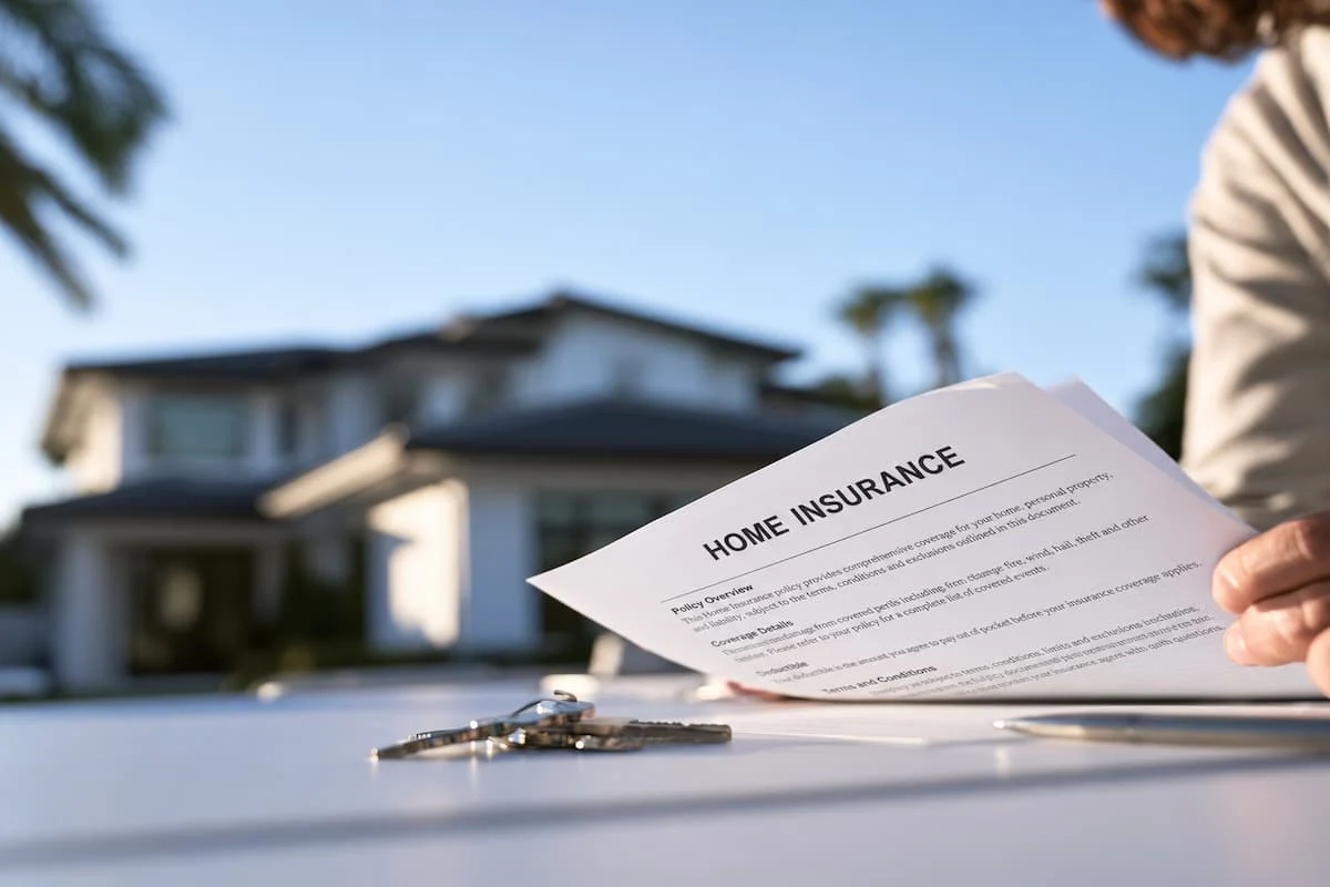 Formularios fiscales de Estados Unidos, incluidos documentos del IRS, junto a billetes de dólar sobre una mesaseguro de vivienda frente a una casa, con llaves sobre la mesa