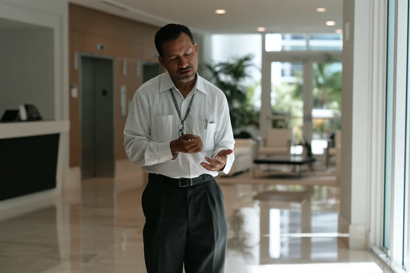 Hombre con camisa blanca y credencial conversa en el lobby de un edificio residencial, con ascensores y áreas comunes al fondo.