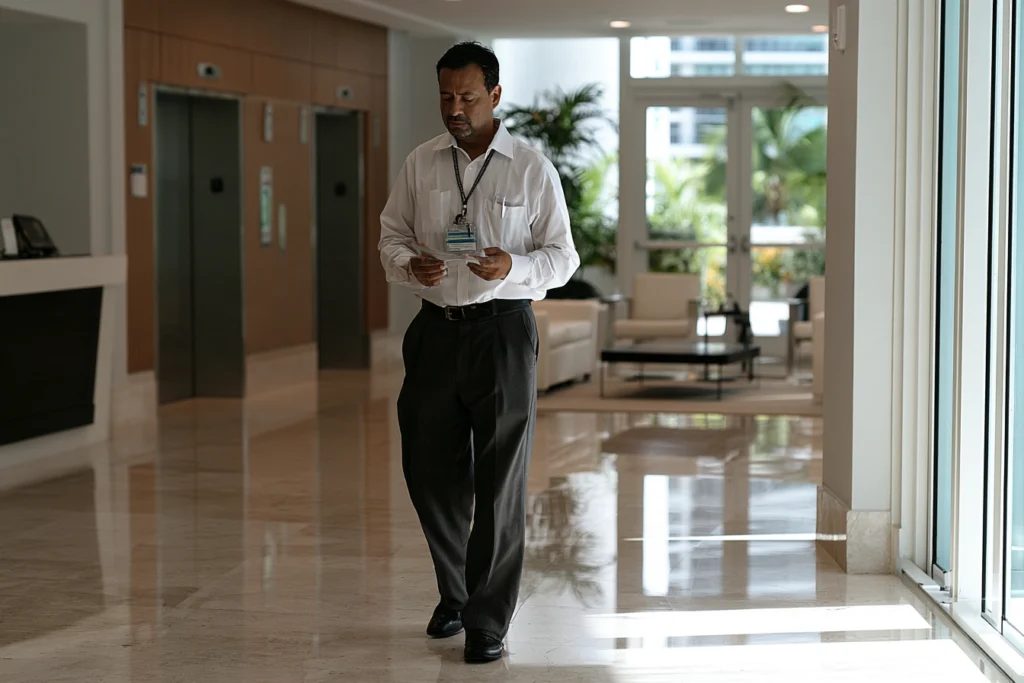 Hombre con camisa blanca y credencial revisa documentos mientras camina por el lobby de un edificio residencial con ascensores y áreas comunes.