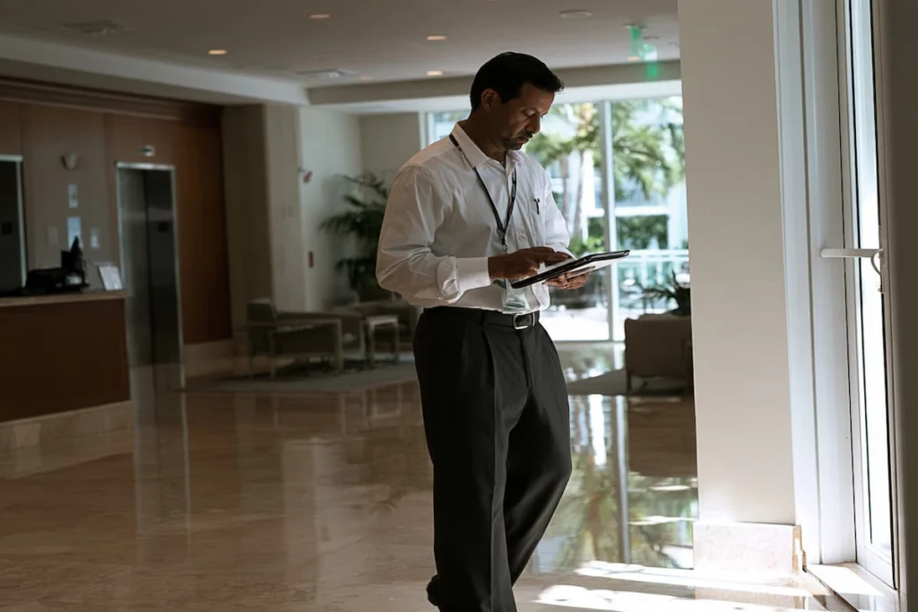 Hombre con camisa blanca y credencial revisa una tableta en el lobby de un edificio residencial, con ascensores y áreas comunes al fondo.