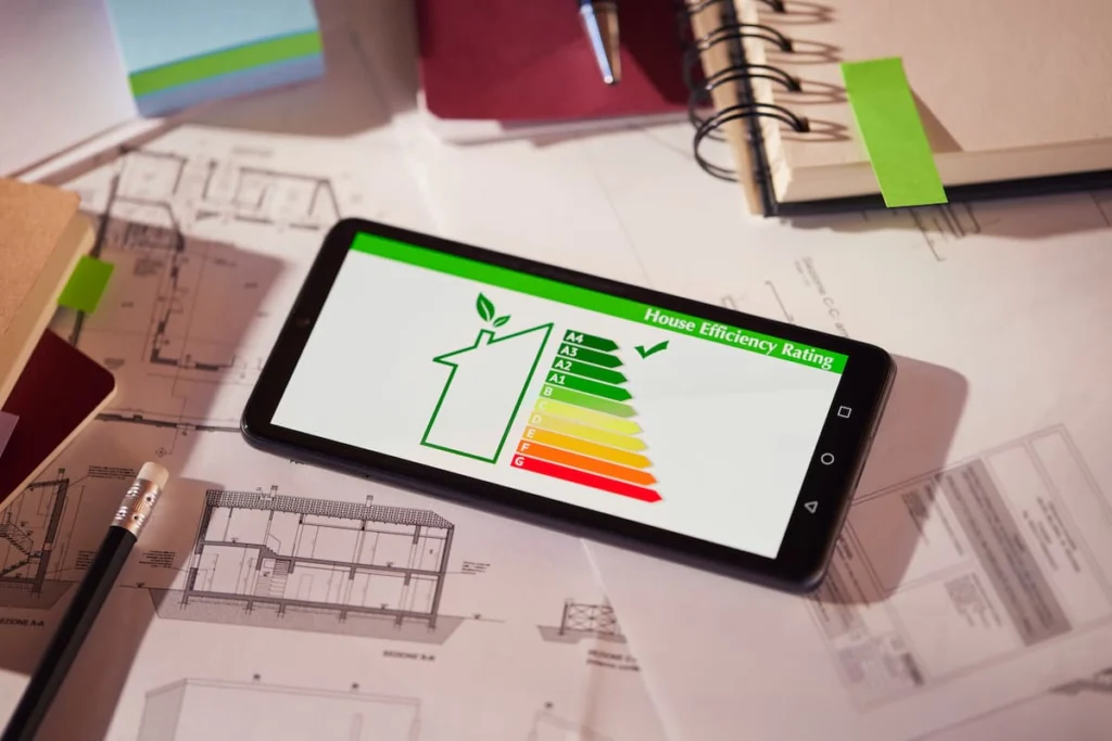 Tablet sobre planos arquitectónicos muestra una escala de eficiencia energética de una vivienda, acompañada de cuadernos y material de trabajo.