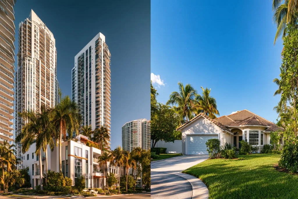 Composición dividida que muestra edificios de condominios de gran altura a la izquierda y una vivienda unifamiliar con jardín y palmeras a la derecha.