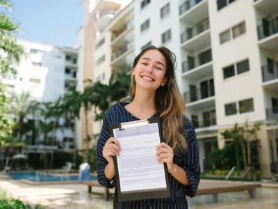 Mujer sostiene una carpeta con documentos frente a un edificio residencial con balcones, piscina y áreas verdes.