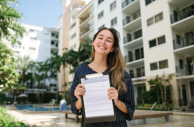 Mujer sostiene una carpeta con documentos frente a un edificio residencial con balcones, piscina y áreas verdes.
