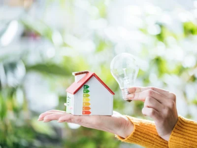 Mano sostiene una maqueta de vivienda con una escala de eficiencia energética mientras otra mano muestra una bombilla.