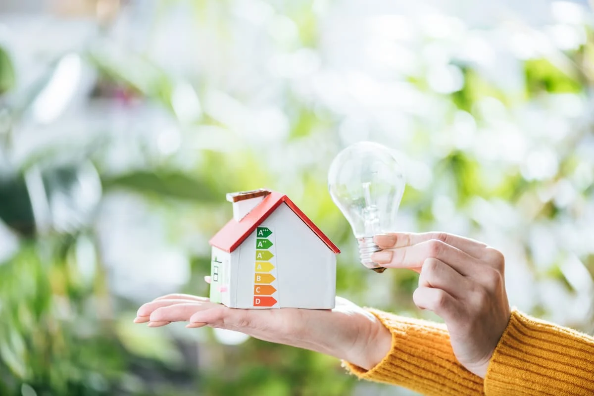 Mano sostiene una maqueta de vivienda con una escala de eficiencia energética mientras otra mano muestra una bombilla.