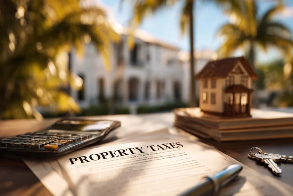 Documento con el texto “PROPERTY TAXES” junto a una calculadora, llaves y una maqueta de vivienda sobre una mesa, con una casa y palmeras al fondo.