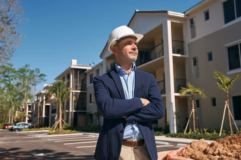 Hombre con casco de seguridad y traje observa un edificio residencial de varios niveles con balcones y palmeras en el exterior.