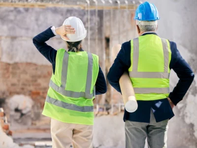 Dos profesionales con cascos y chalecos reflectantes observan una obra en construcción; uno sostiene un plano enrollado.
