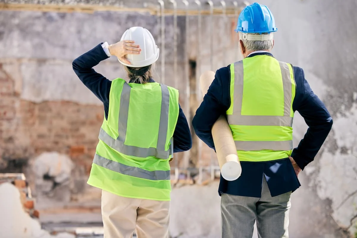 Dos profesionales con cascos y chalecos reflectantes observan una obra en construcción; uno sostiene un plano enrollado.