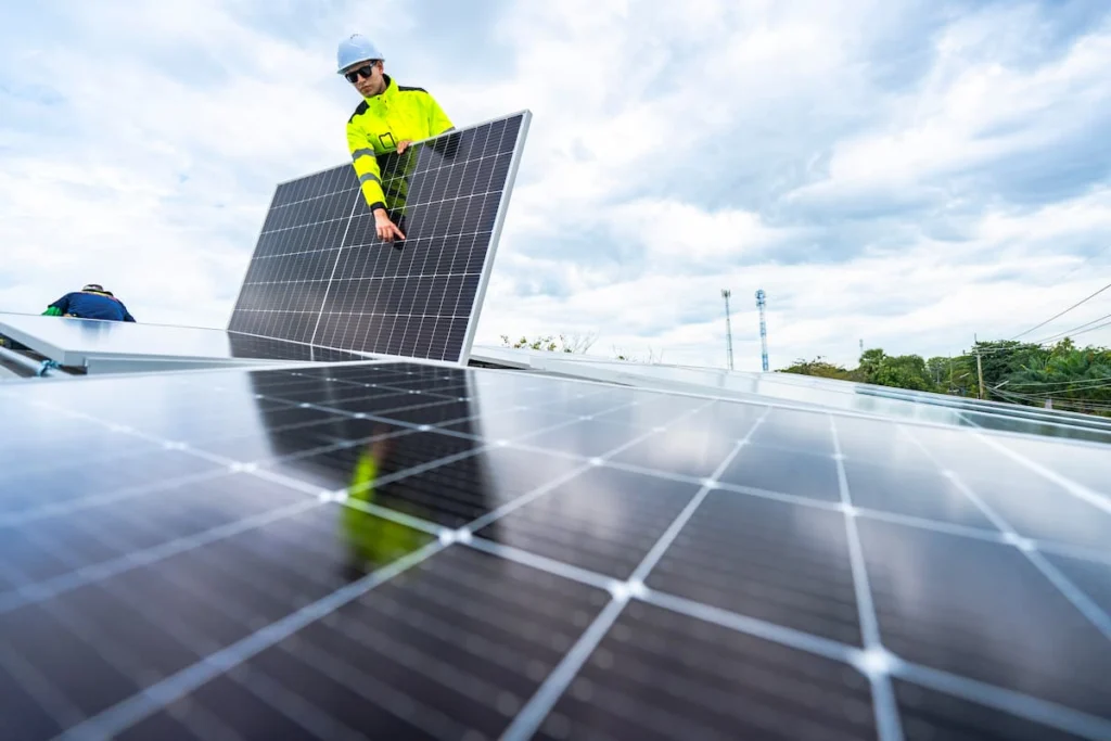 Trabajadores instalan paneles solares sobre el techo de una vivienda, con uno de ellos sosteniendo un módulo fotovoltaico.