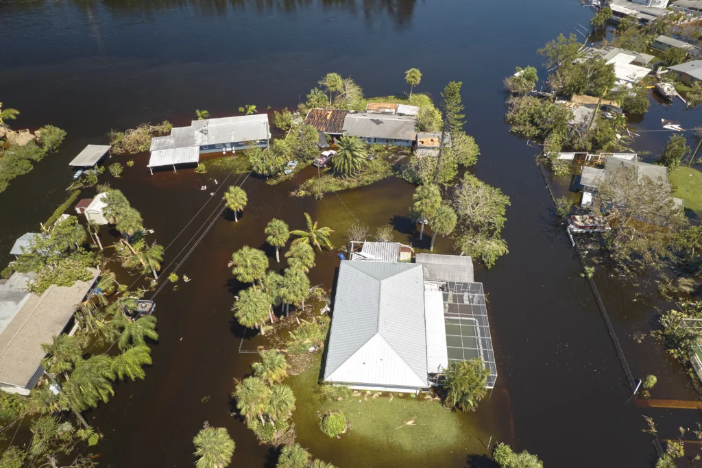 Vista aérea de varias viviendas rodeadas por agua de inundación en una zona residencial con abundante vegetación y palmeras.