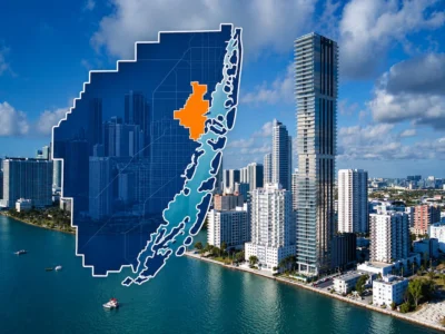 Vista aérea del horizonte urbano de Miami con un mapa estilizado de Miami-Dade superpuesto y Miami city resaltada en color naranja.