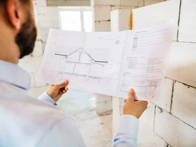 Hombre revisa planos arquitectónicos en el interior de una vivienda en construcción con paredes de bloques sin terminar.