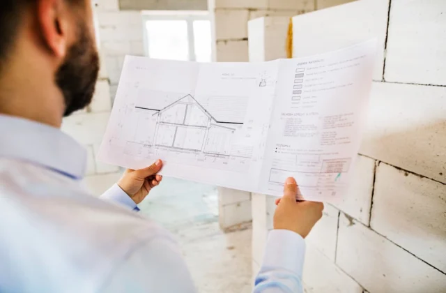 Hombre revisa planos arquitectónicos en el interior de una vivienda en construcción con paredes de bloques sin terminar.