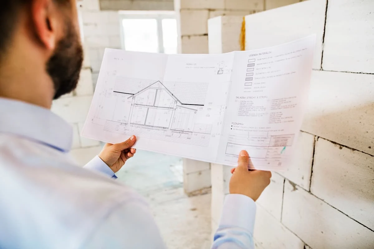 Hombre revisa planos arquitectónicos en el interior de una vivienda en construcción con paredes de bloques sin terminar.