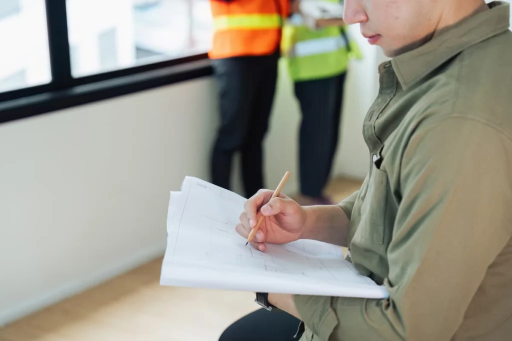 Persona revisa y anota planos de obra mientras dos trabajadores con chalecos reflectantes permanecen al fondo.