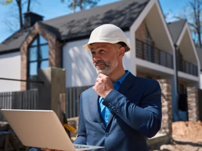 Hombre con casco de seguridad y computadora portátil revisa una vivienda en construcción desde el exterior.
