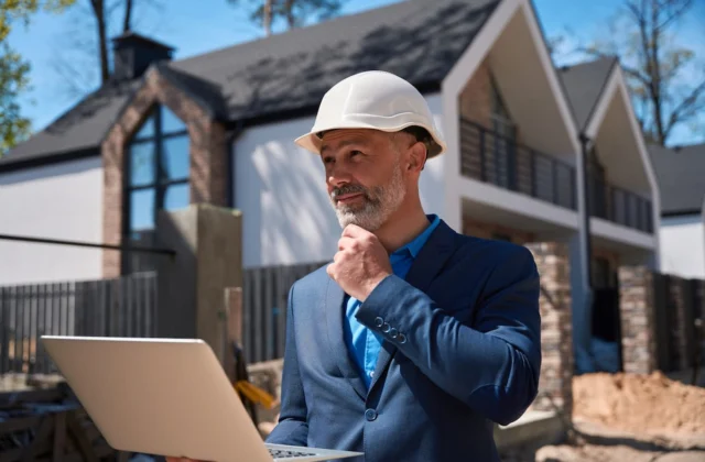 Hombre con casco de seguridad y computadora portátil revisa una vivienda en construcción desde el exterior.