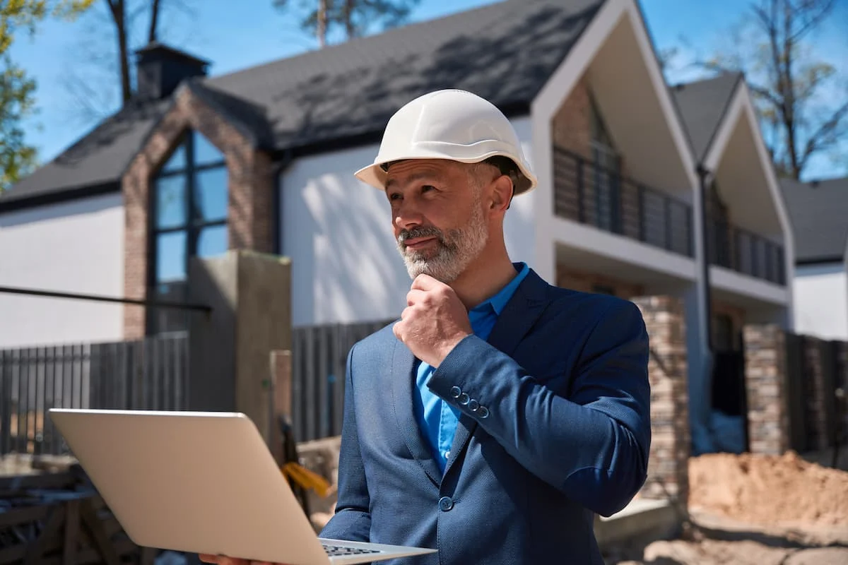 Hombre con casco de seguridad y computadora portátil revisa una vivienda en construcción desde el exterior.