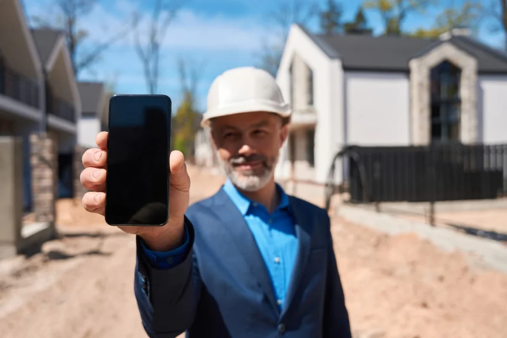 Hombre con casco de seguridad muestra un teléfono móvil frente a varias viviendas en construcción.