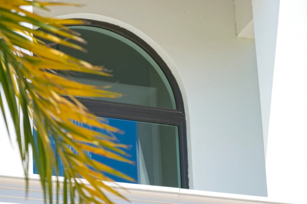 Ventana arqueada con marco oscuro integrada en una fachada blanca, parcialmente cubierta por hojas de palmera.